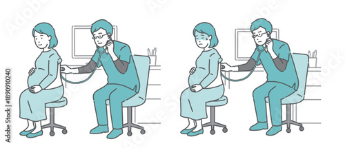 スクラブを着用した男性医師による妊婦の背中の聴診イラストセット（正常・異常/体調不良）