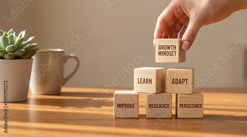 Hand stacking wooden blocks with motivational words.