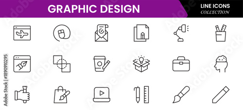 Graphic design web icons set in duotone outline stroke design. Pack pictograms with color palette, content, freelance, print, painting, brainstorm, portfolio, creative idea, tool. Vector illustration.