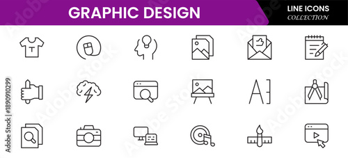 Graphic design web icons set in duotone outline stroke design. Pack pictograms with color palette, content, freelance, print, painting, brainstorm, portfolio, creative idea, tool. Vector illustration.