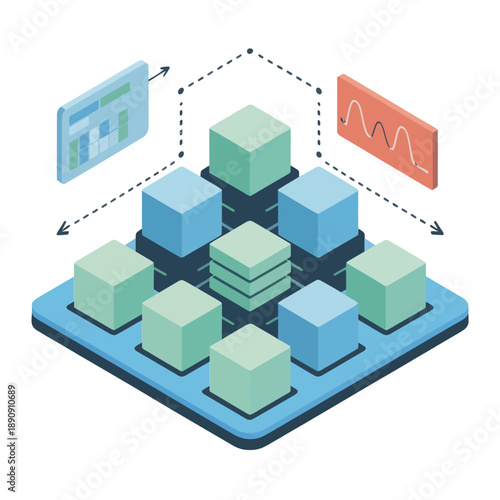 Microservices architecture with containers and cubes, distributed system platform, workflow orchestration, integration patterns, isometric software engineering vector illustration design
