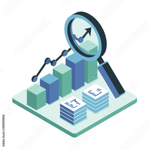 Data audit training, isometric magnifying glass with growth bars, document cards and notebook, KPI validation session, business report vector
