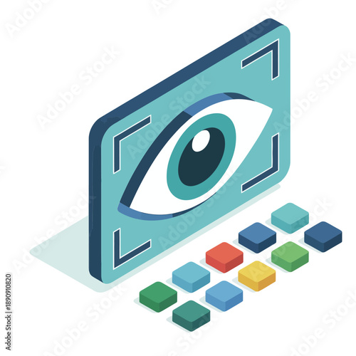 Computer vision seminar, isometric eye inside camera frame, color calibration swatches, recognition session, image processing research vector design
