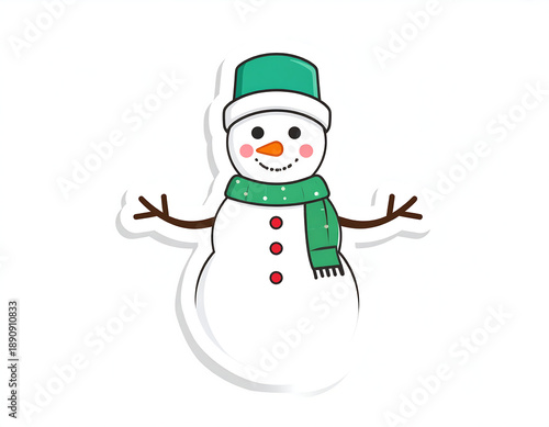 Happy snowman with green hat/scarf, orange nose, & twig arms on a white background