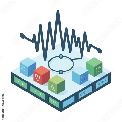 System monitoring platform, waveform signal over cubes, IoT data blocks, server metrics, infrastructure analytics, operations dashboard, management, network performance vector