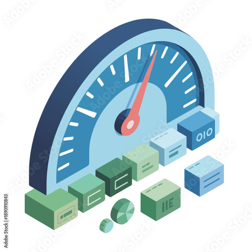 Large speedometer with blocks, system performance optimization, application metrics, capacity planning, dashboard reporting, progress indicator, analytics UI element, vector