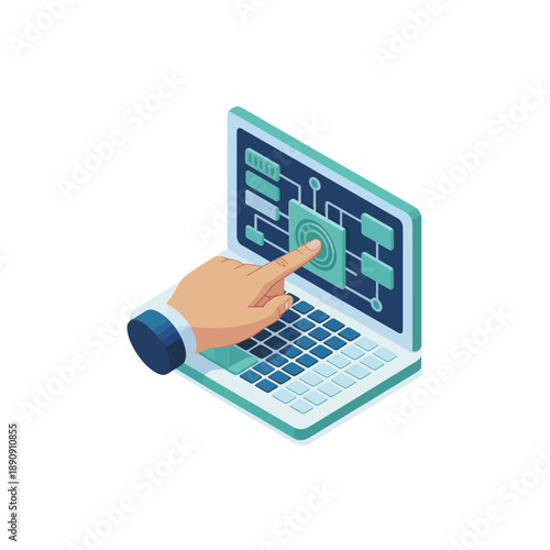 Laptop analytics dashboard, hand tapping interface, UI control panel, KPI tracking, operations management, business intelligence, workflow optimization, data visualization vector