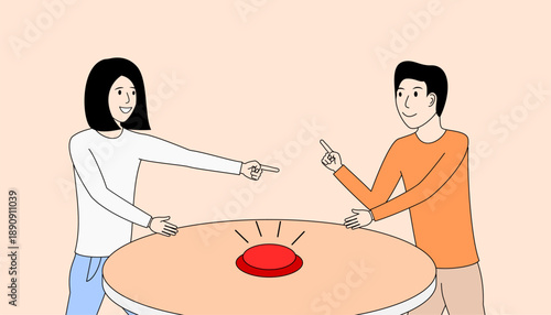 Two people are playing a game of pointing at a red button on a table