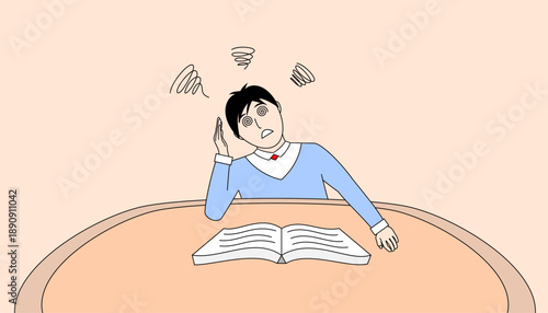 Boy is feeling dizzy when looking at a book