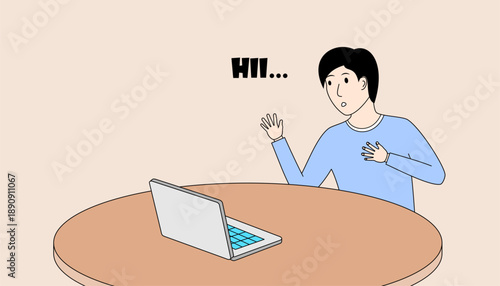 Man is sitting at a table with a laptop and say hi