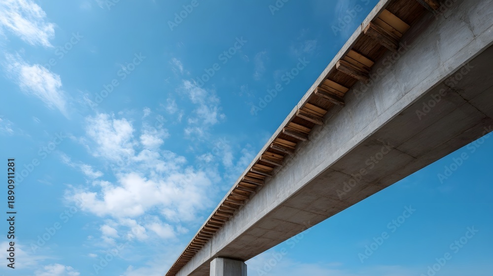 Fototapeta premium A concrete elevated infrastructure segment extends diagonally across a clear blue sky dotted with white clouds