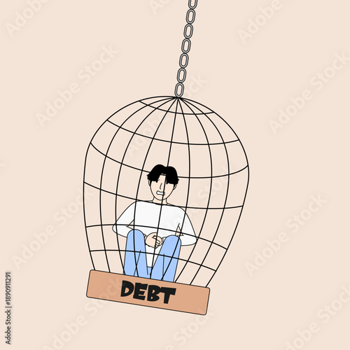 Man is trapped in a cage with the word debt written on it