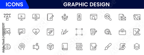 Graphic design web icons set in duotone outline stroke design. Pack pictograms with color palette, content, freelance, print, painting, brainstorm, portfolio, creative idea, tool. Vector illustration.