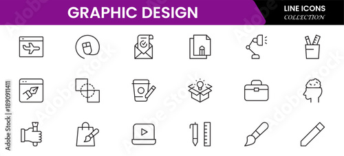 Graphic design web icons set in duotone outline stroke design. Pack pictograms with color palette, content, freelance, print, painting, brainstorm, portfolio, creative idea, tool. Vector illustration.
