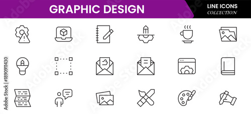 Graphic design web icons set in duotone outline stroke design. Pack pictograms with color palette, content, freelance, print, painting, brainstorm, portfolio, creative idea, tool. Vector illustration.