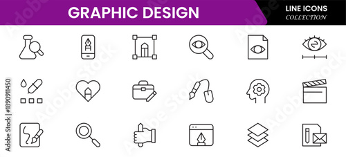 Graphic design web icons set in duotone outline stroke design. Pack pictograms with color palette, content, freelance, print, painting, brainstorm, portfolio, creative idea, tool. Vector illustration.