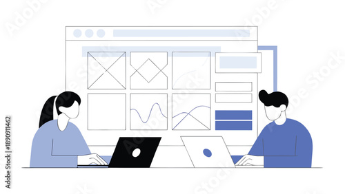 Creative business studio team working on digital project with laptops and website design