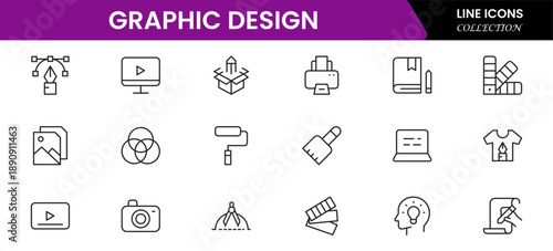 Graphic design web icons set in duotone outline stroke design. Pack pictograms with color palette, content, freelance, print, painting, brainstorm, portfolio, creative idea, tool. Vector illustration.