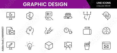 Graphic design web icons set in duotone outline stroke design. Pack pictograms with color palette, content, freelance, print, painting, brainstorm, portfolio, creative idea, tool. Vector illustration.