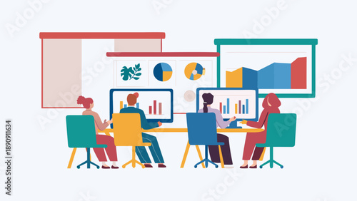 Diverse corporate team collaborates on data analysis with graphs and charts on screens