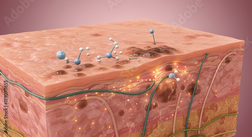 Skin layers with molecules and nerves, skin anatomy, human skin structure, dermatology, skin health, skin care