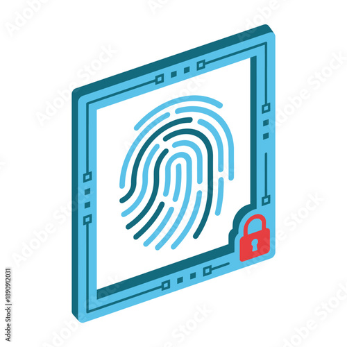 Data privacy day poster, fingerprint authentication on tablet with padlock, multifactor login session graphic, isometric security vector for compliance training