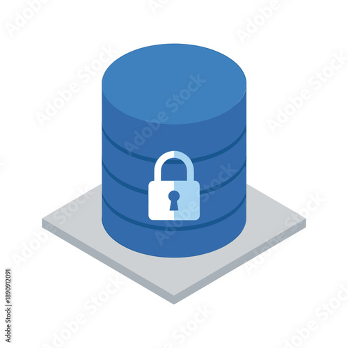 Cloud security training illustration, stacked database server with padlock, encryption session element, isometric vector icon for backup and disaster recovery
