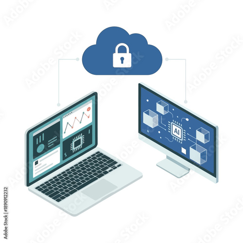 Cloud migration training banner, laptop and dashboard screens under locked cloud, DevOps deployment session, monitoring workshop, operations reliability vector graphic