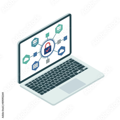 Cyber hygiene webinar banner, laptop with app icons and padlock, password policy session, multi factor authentication workshop, training vector graphic