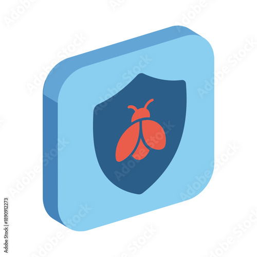 Malware alert shield icon, three dimensional badge with bug mark, incident response session, computer forensics workshop, remediation training vector graphic