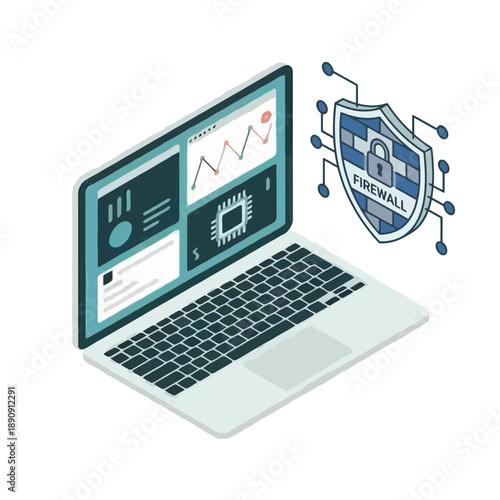 Cyber security laptop dashboard with shield, endpoint protection monitoring, antivirus scan, privacy control, data analytics, secure device management vector