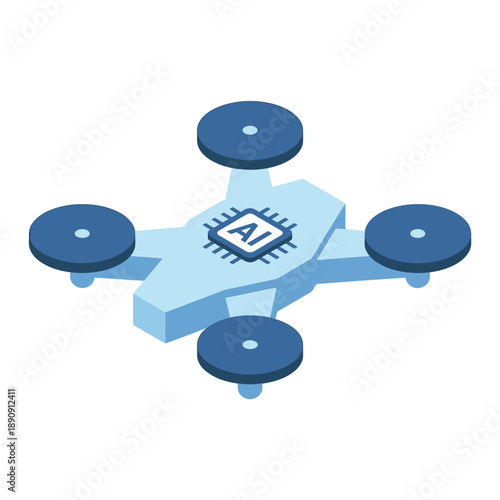 Quadcopter drone device with central AI core, innovation festival poster, drone racing session, aerial photography workshop, robotics education vector