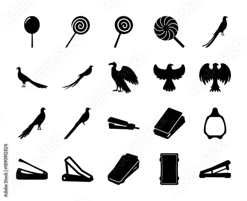 Diverse icons of lollipops, birds, and office staplers