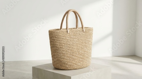 Woven Straw Tote Bag With Rope Handles Centered On Pedestal With Soft Sunlight Shadows