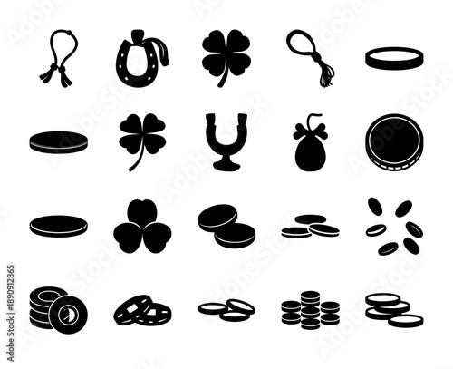 Assortment of lucky charms, coins, and fortune symbols