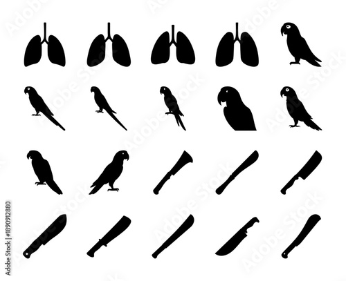 Silhouettes of human lungs, parrots, and sharp machetes