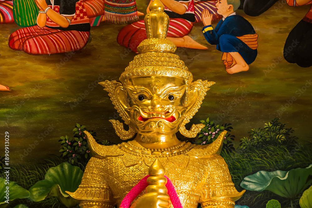 Fototapeta premium Golden Deity Statue: A close-up shot of an intricate, golden statue of a deity, its stern expression and elaborate ornamentation showcasing the rich cultural heritage and artistic mastery.