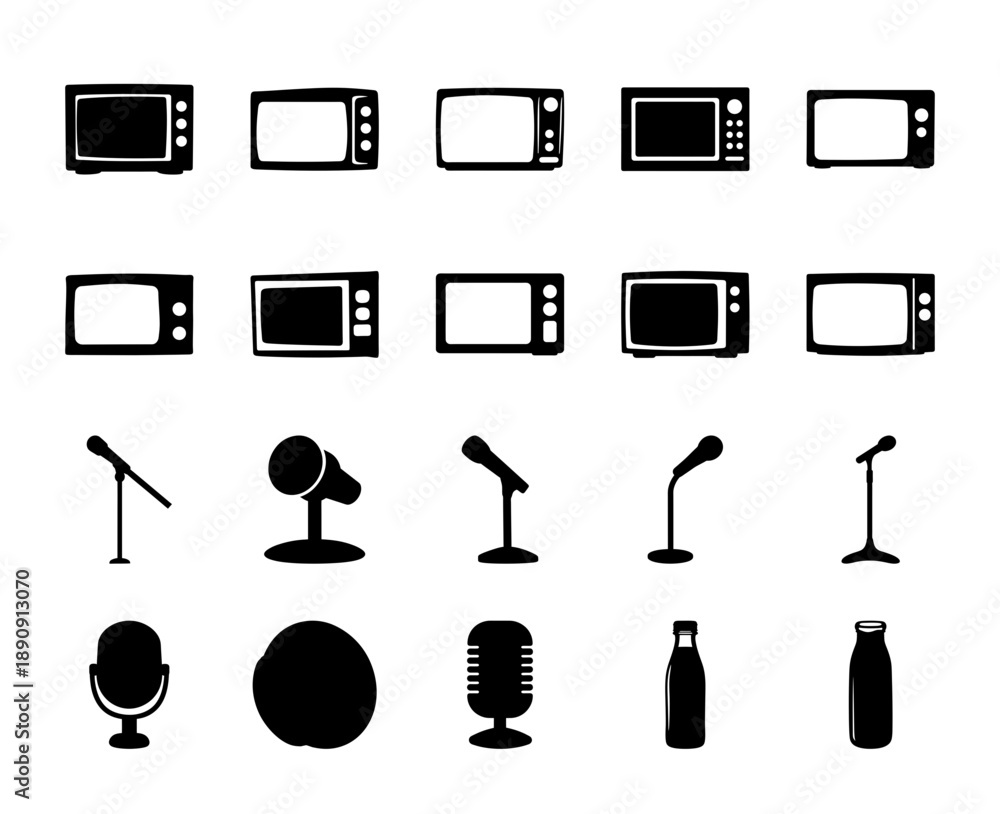 Obraz premium Set of microwave appliances and microphone equipment symbols.