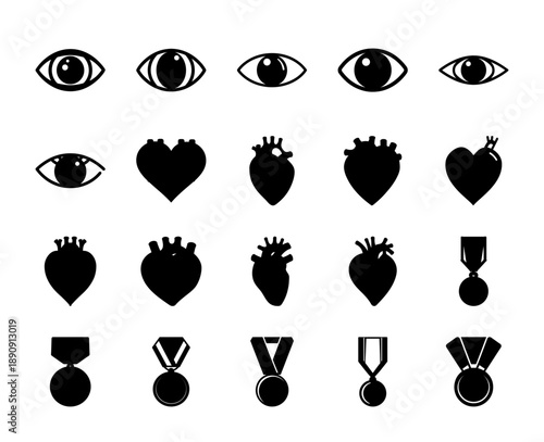 Set of human eyes, anatomical hearts, and award medals icons