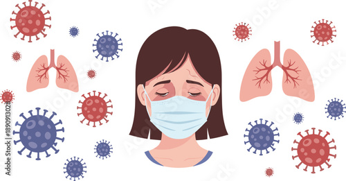 Woman Wearing Medical Face Mask Surrounded by Virus Particles and Lung Icons Vector Illustration for Respiratory Disease Awareness and Healthcare Education Designs