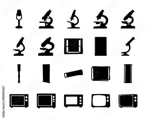 Black silhouette icons of microscopes, microwaves, and mics.