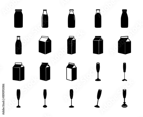 Assorted milk bottles, cartons, and immersion blender icons.