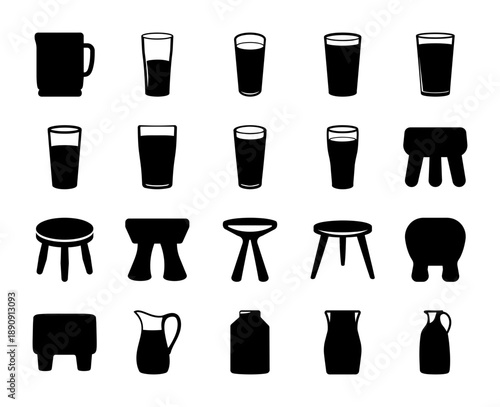 Diverse collection of mugs, glasses, stools, and pitchers.