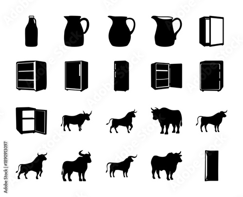 Silhouettes of milk products, refrigerators, and bulls