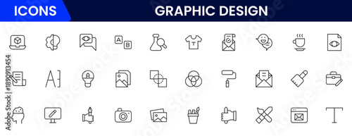 Graphic design web icons set in duotone outline stroke design. Pack pictograms with color palette, content, freelance, print, painting, brainstorm, portfolio, creative idea, tool. Vector illustration.
