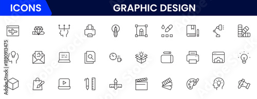 Graphic design web icons set in duotone outline stroke design. Pack pictograms with color palette, content, freelance, print, painting, brainstorm, portfolio, creative idea, tool. Vector illustration.