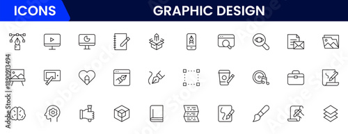 Graphic design web icons set in duotone outline stroke design. Pack pictograms with color palette, content, freelance, print, painting, brainstorm, portfolio, creative idea, tool. Vector illustration.