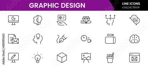 Graphic design web icons set in duotone outline stroke design. Pack pictograms with color palette, content, freelance, print, painting, brainstorm, portfolio, creative idea, tool. Vector illustration.