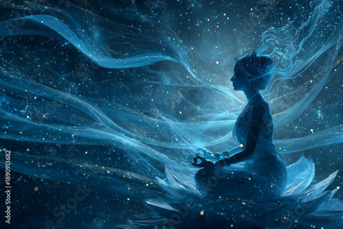 Silhouette of a meditating woman sitting in a lotus position in a white cosmic lotus flower, surrounded by waves of positive vibrations and positive energy. Zen, Calm, Relax and Meditation concept