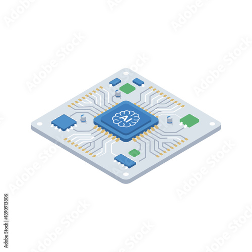 AI microchip on circuit board, hardware engineering conference icon, embedded systems workshop, edge computing session, semiconductor tech expo vector illustration